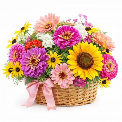 Цветы в корзинке с подсолнухами