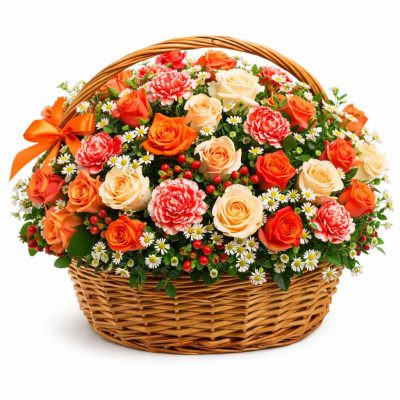 Корзина с розами и гвоздиками «Солнечный день»