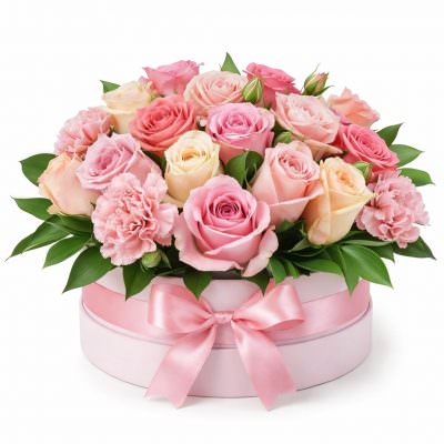 Розы и диантусы в коробке «Нежная палитра»