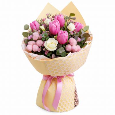 Букет из розовых тюльпанов и эустом «Розовая серенада»