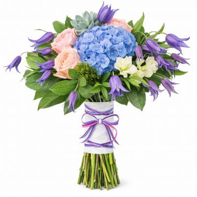 Свадебные букеты невесты с голубой гортензией