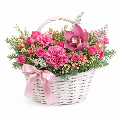 Корзина из живых цветов «Розовый фейерверк»
