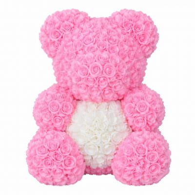 Мишка из роз розовый с белым сердцем (40 см)