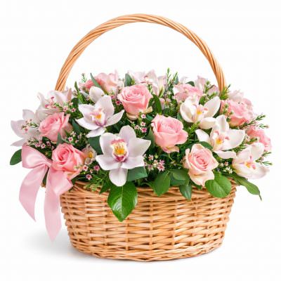 Композиция из роз и орхидей «Нежный штрих»